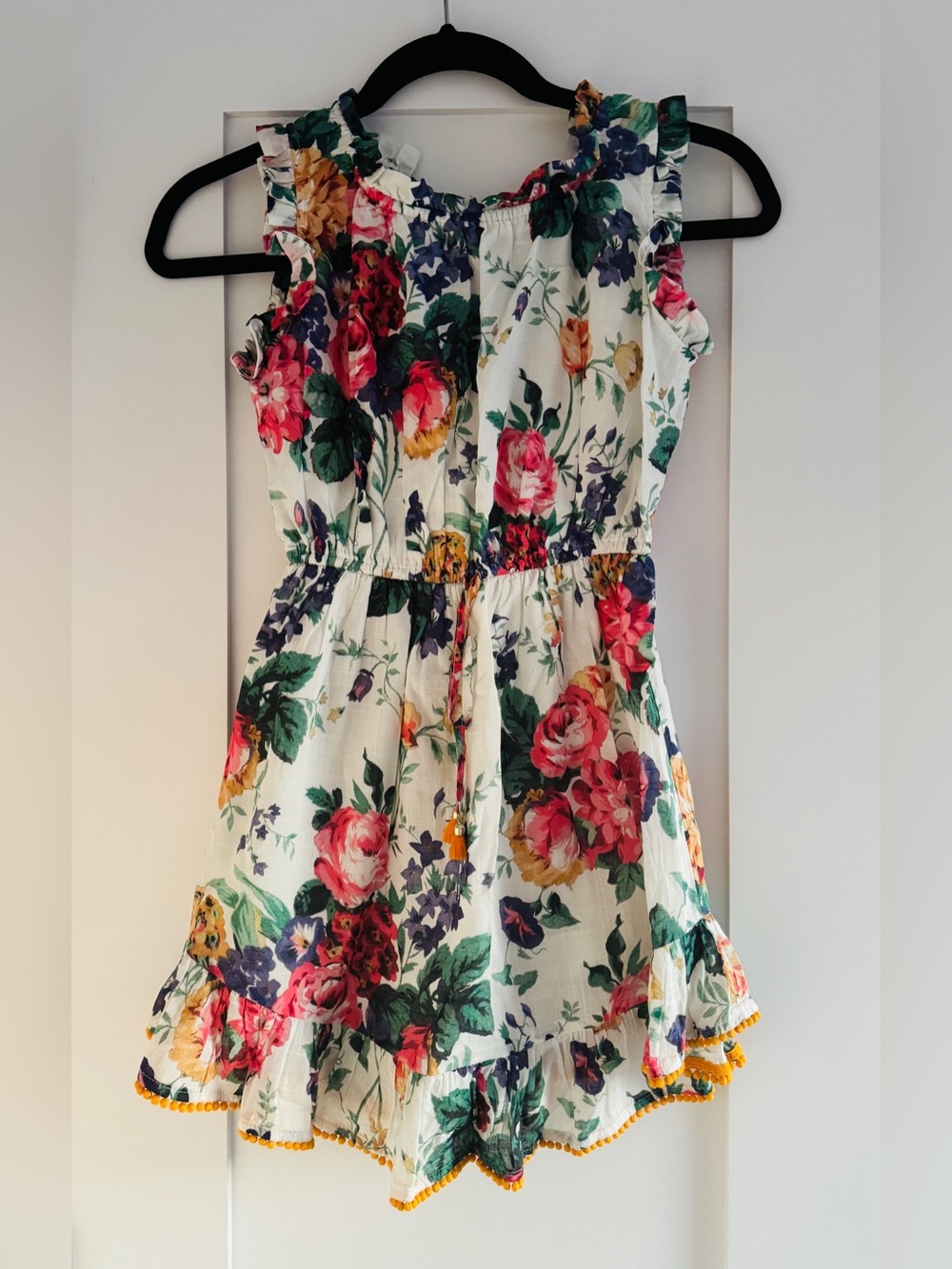 Zimmermann Floral Cotton Mini Dress AU 6 US 2 Ruffle Tassel Pom Pom Trim